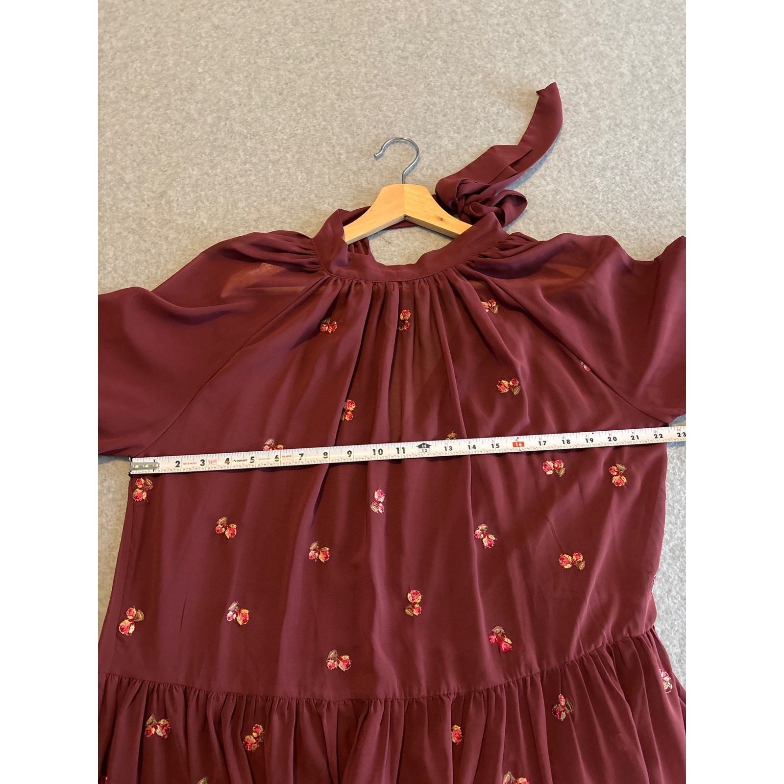 ASOS DESIGN Burgundy Floral Embroidered Tiered Maxi Dress Tie Neck Wine Size 10