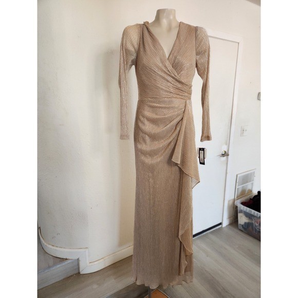 Betsy Adam Metallic Long-sleeve Formal Dress Champagne Gold Pleated Dress