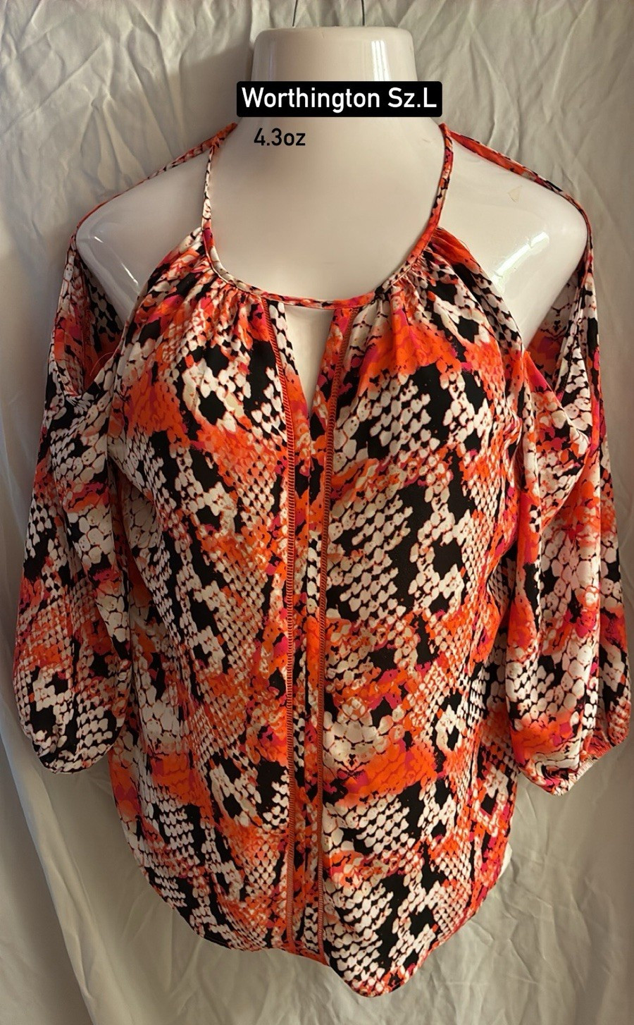 Worthington Womens L Orange/Black/White Print Cold Shoulder Blouse