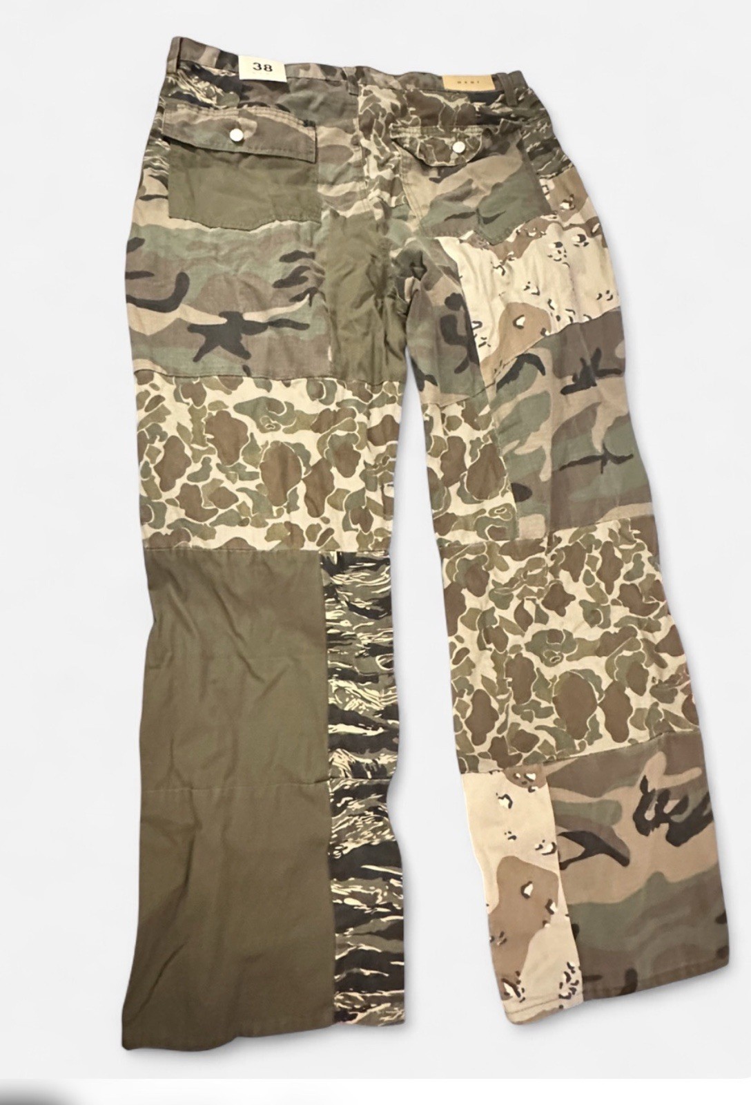 MNML Ultra Baggy Patchwork Denim Jeans, mixed camouflage panel design. Size 38