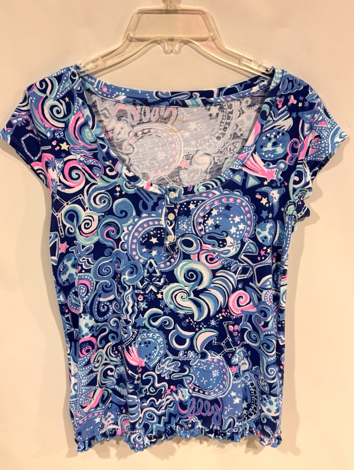 Lilly Pulitzer PJ Knit Ruffle Henley Top Blue/Pink Cosmic Kismet Size XS