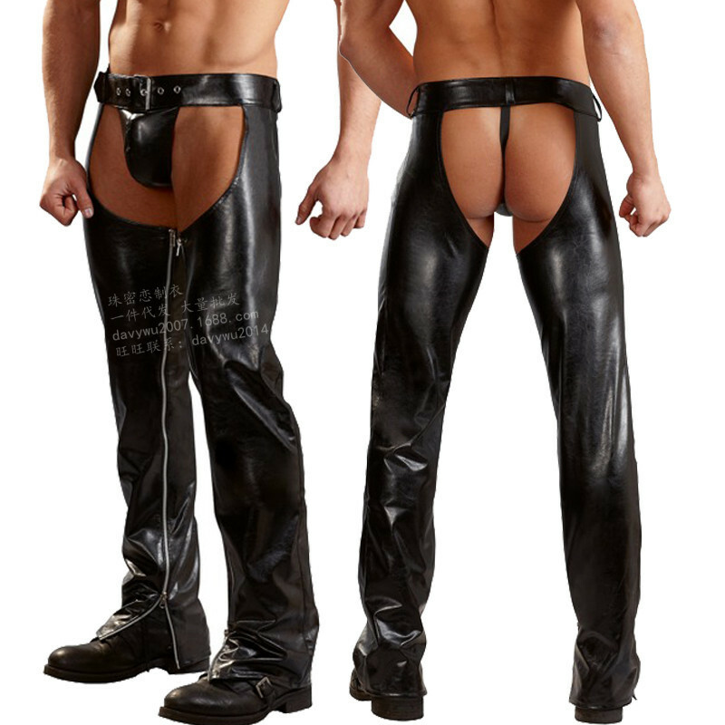 Men Classic Black Pu Leather Chaps Loose Long Pants Motorcycle Fringed Trouser