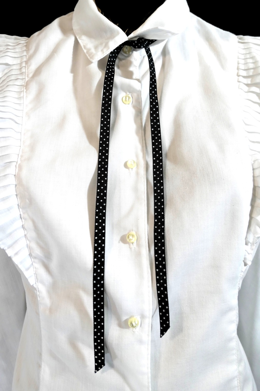Vintage 70s White Cotton Pleated Ruffle Victorian Blouse Top Ribbon Ascot S M