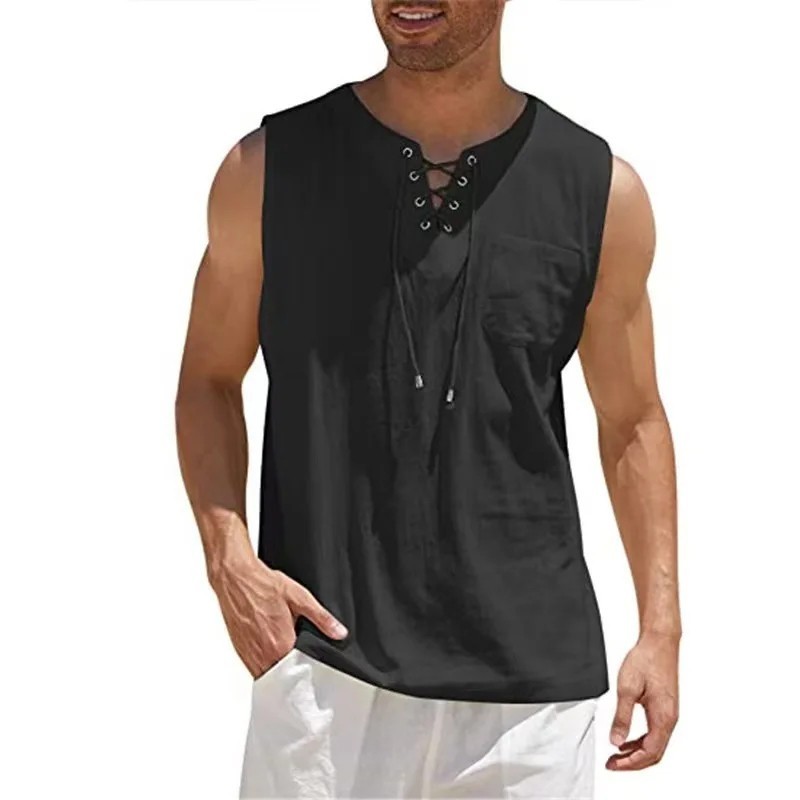 Men’s Cotton Linen Sleeveless Vest, Lace Up V Neck Tank Top, Casual Loose Shirt.