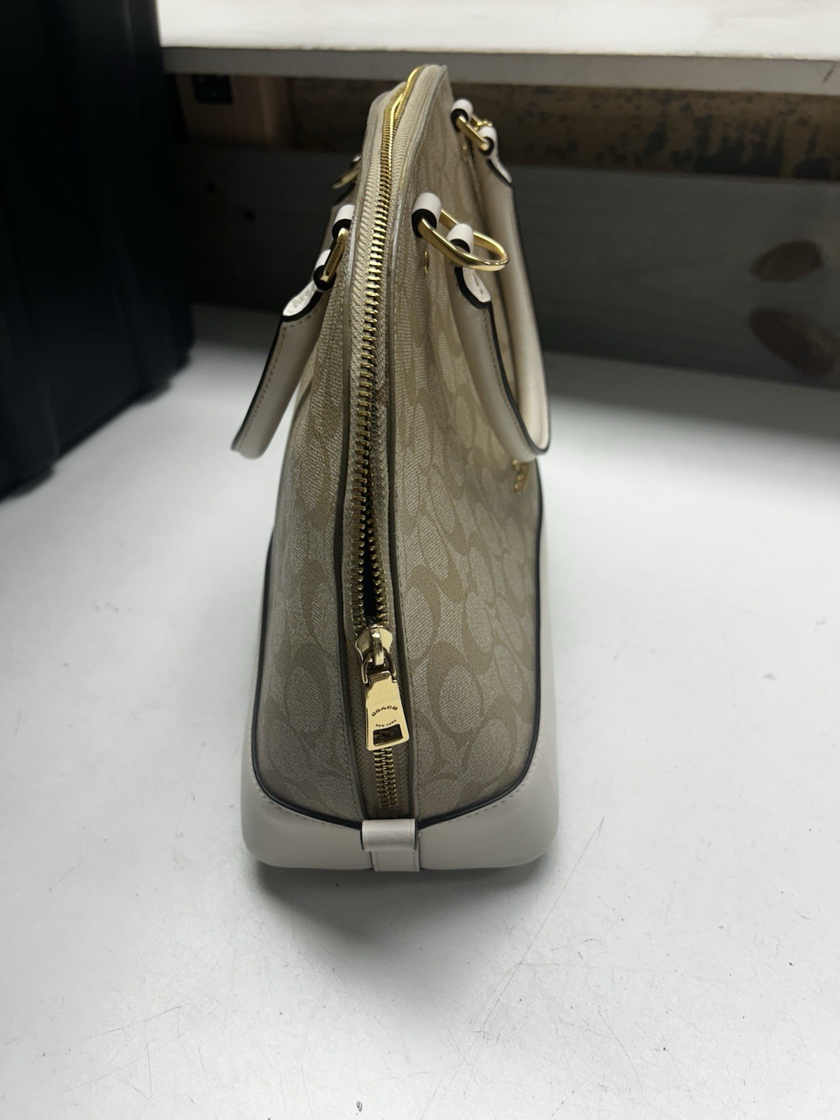 Coach Signature Small Dome Satchel Zip Top Handle Detachable Strap Beige White
