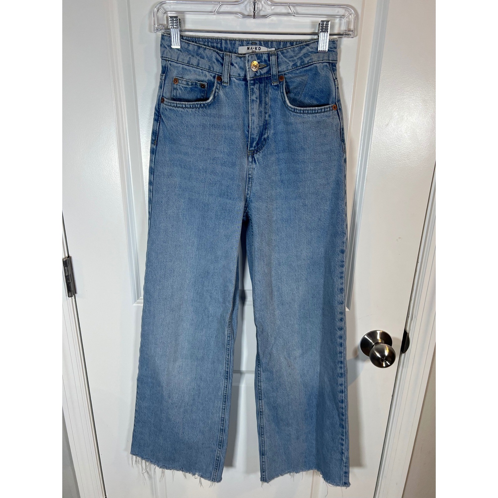 NA-KD Womens Wide Leg Jeans Raw Hem Light Wash Blue Size 32