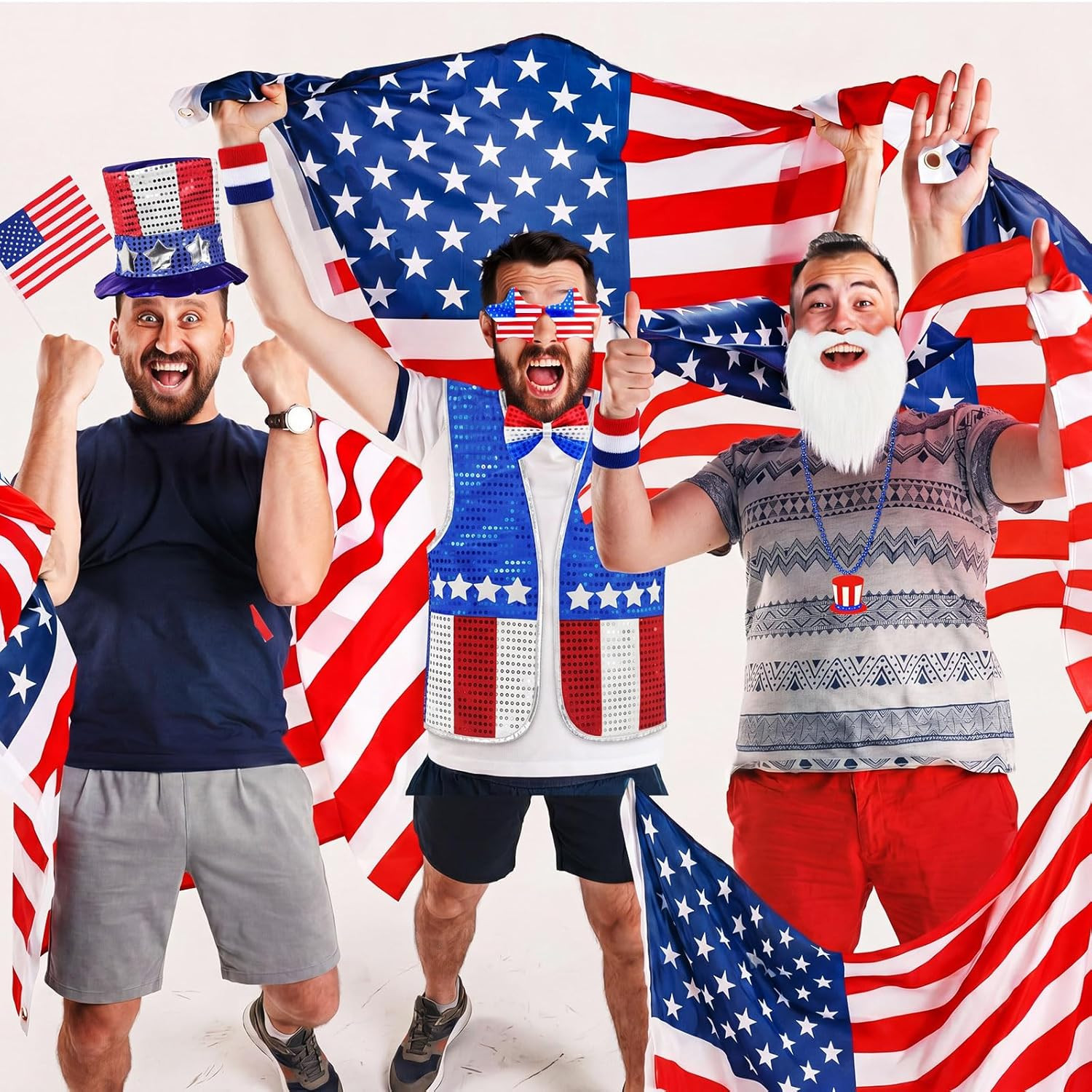 10 Pcs 4Th of July Patriotic Costume Set for Men American Flag Cape Outfit for U