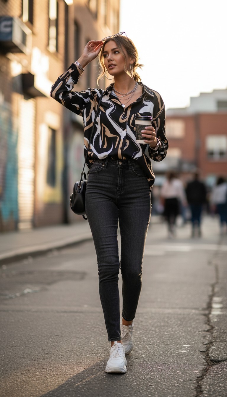Abstract Button-Up Blouse Black/Beige/White Modern Commuting Streetwear Chic 70s