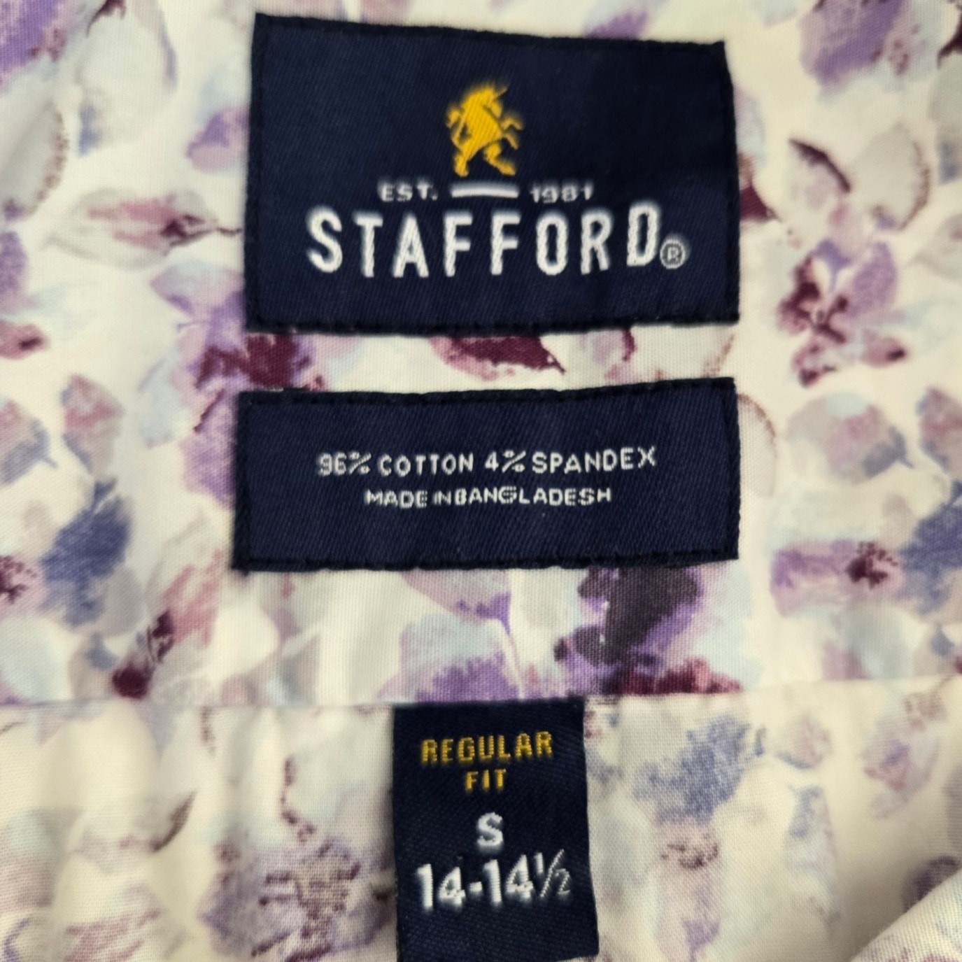 Stafford White Button Down Shirt Purple Blue Watercolor Floral Print Stretch S