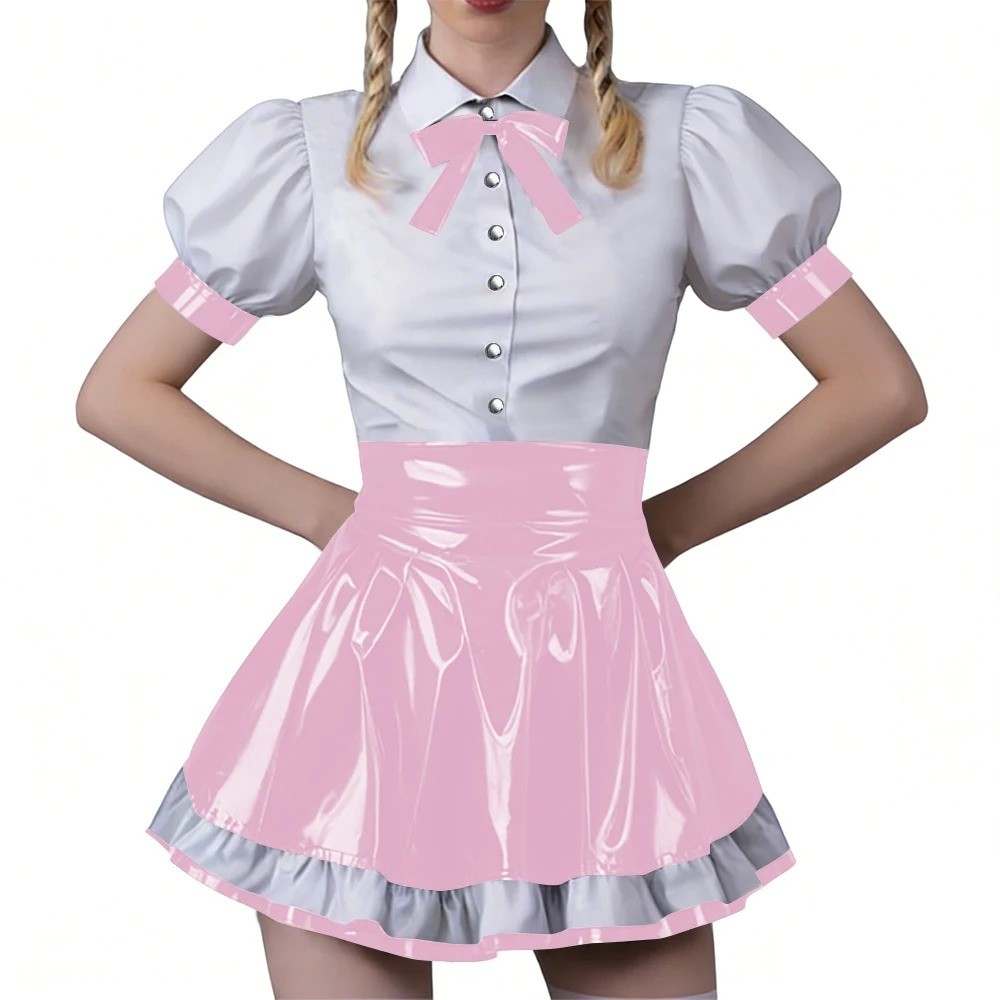 Women Vinyl PVC Bodycon Maid Sets Sweet Sexy Top Party Cosplay Unifom Skirt
