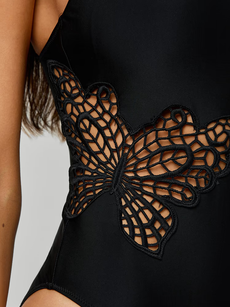 NEW! $285 L’AGENCE REMI ONE-PIECE SWIMSUIT BLACK BUTTERFLY CROCHET SZ M