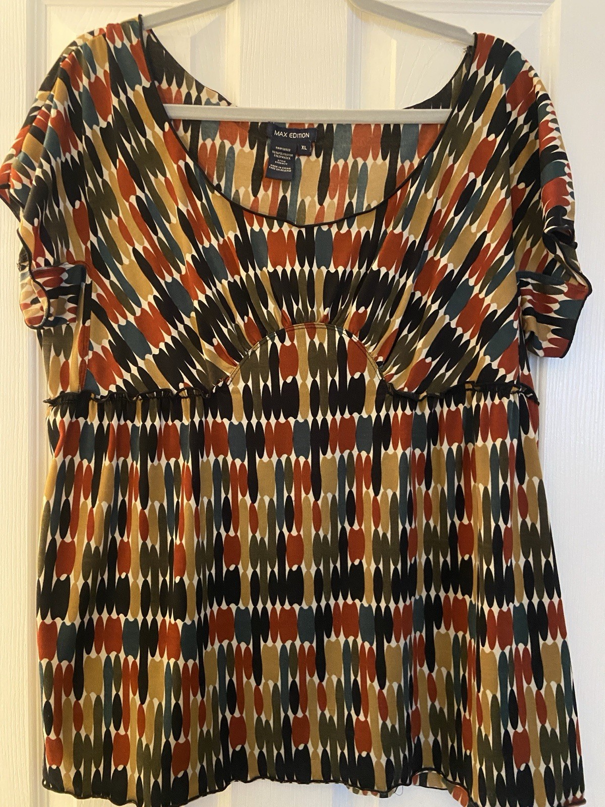 Max Edition Geometric Print Ruched Scoop Neck Cap Sleeve Blouse XL Multicolor