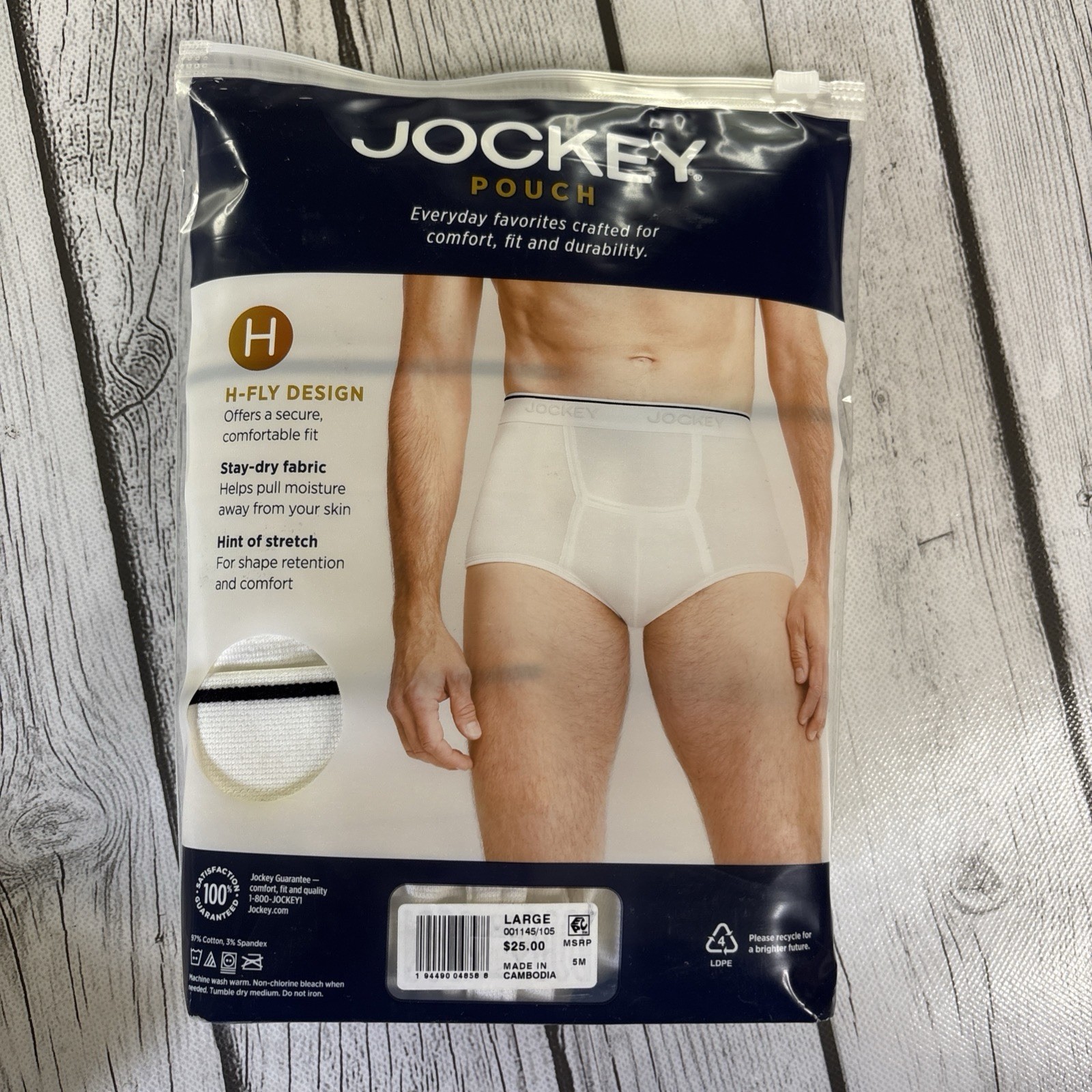 Jockey H-Fly Design Men’s L 36/38 2-3 Pack Full Rise Briefs Cotton Stretch White