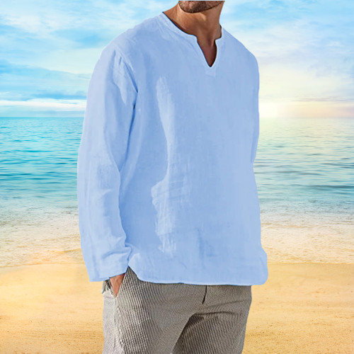 Men’s Shirt Long Sleeve Cotton Linen T-shirt V-Neck Solid Breathable Casual NEW