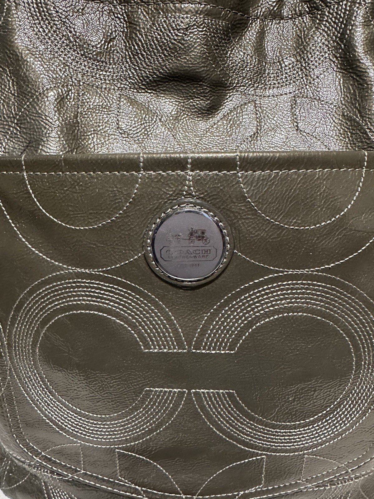 COACH ALEX Stitched Green Patent Leather Shoulder Tote Purse Bag 14265