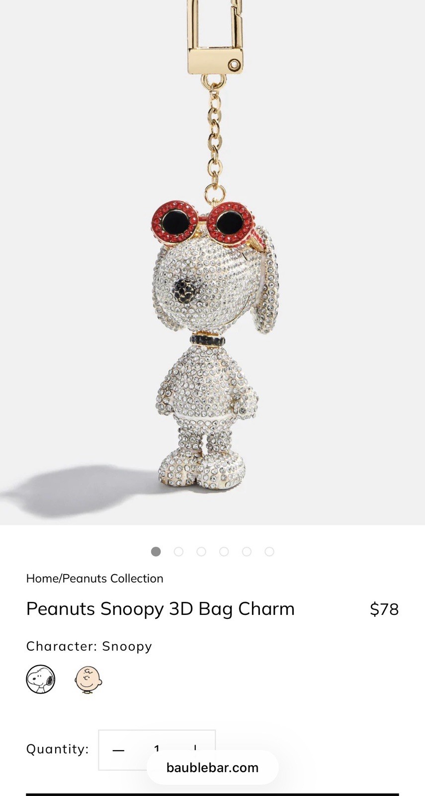 New in Box Baublebar Snoopy Bag Charm Peanuts Collection Rhinestone