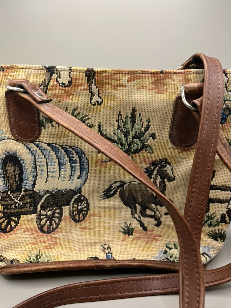 Vintage Horse Tapestry Purse Bag Staps Silver Buckle Wolf Cowboy Shoulder Bag