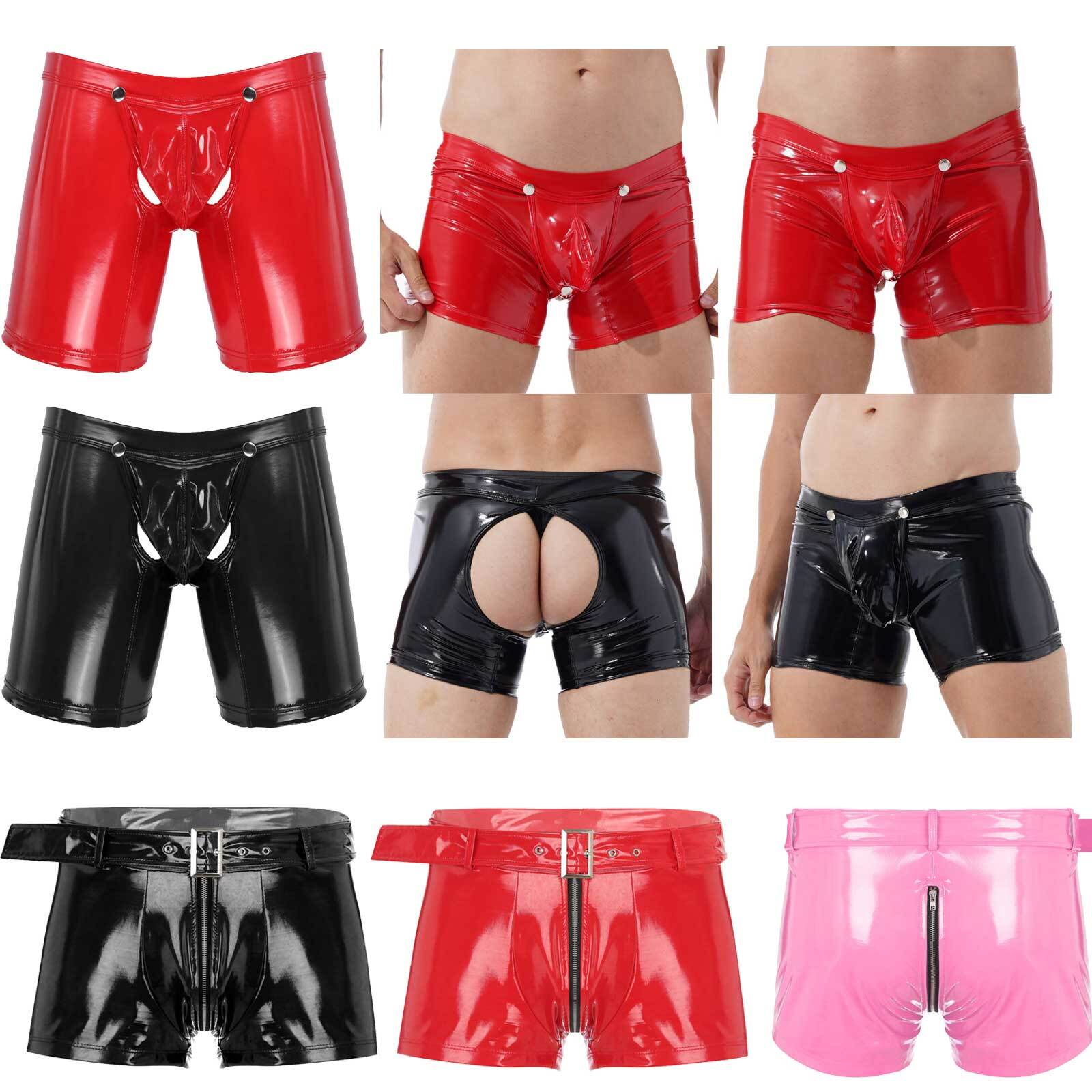US Mens PVC Faux Leather Tight Short Pants Crotchless Boxer Shorts Hot Pants