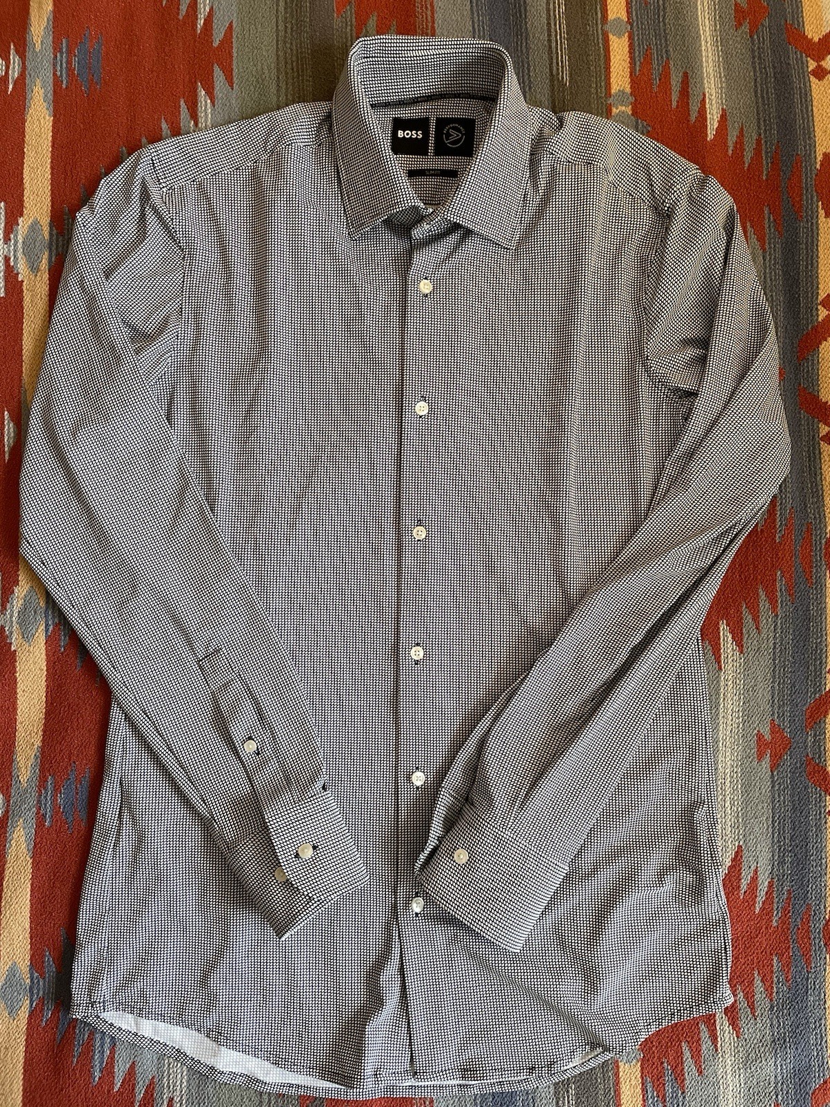 HUGO BOSS Performance Slim Fit Stretch Geo Check Print Hank Kent Shirt Size S