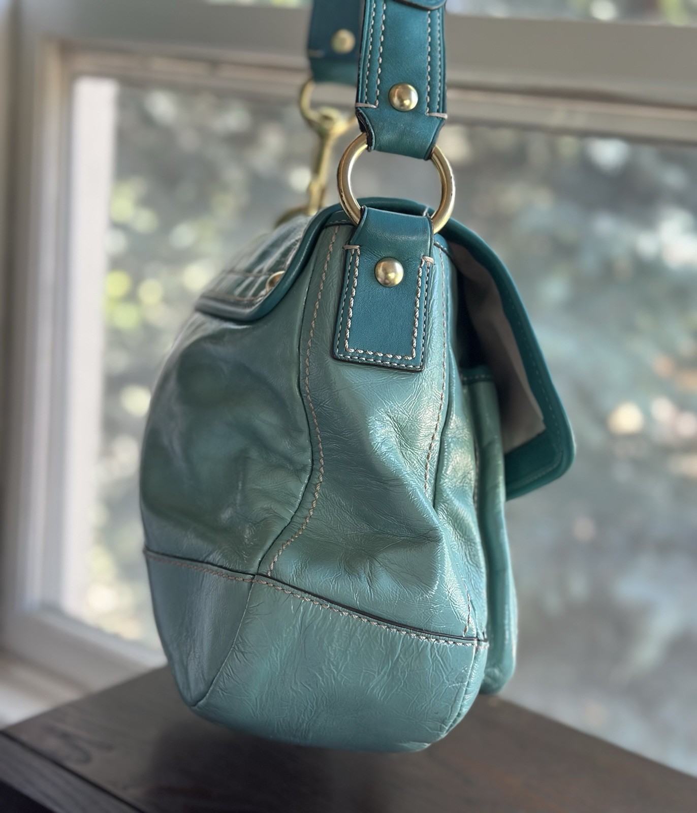 🦋Vintage COACH Ali Turquoise Legacy Patent Leather Turnlock Shoulder Bag f13370