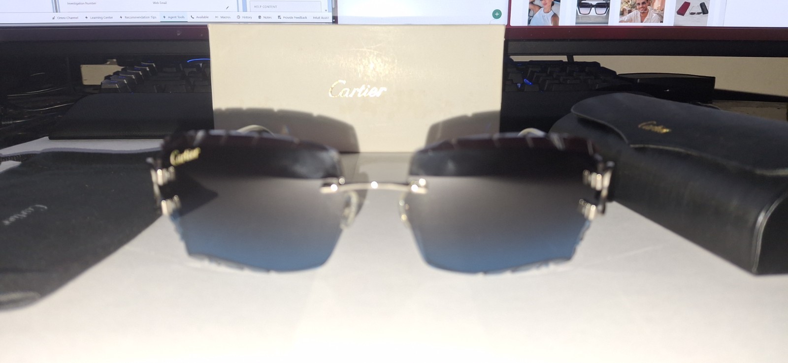 Cartier Rimless Big C Sunglasses Gradient Black & Blue Lenses Silver Frame