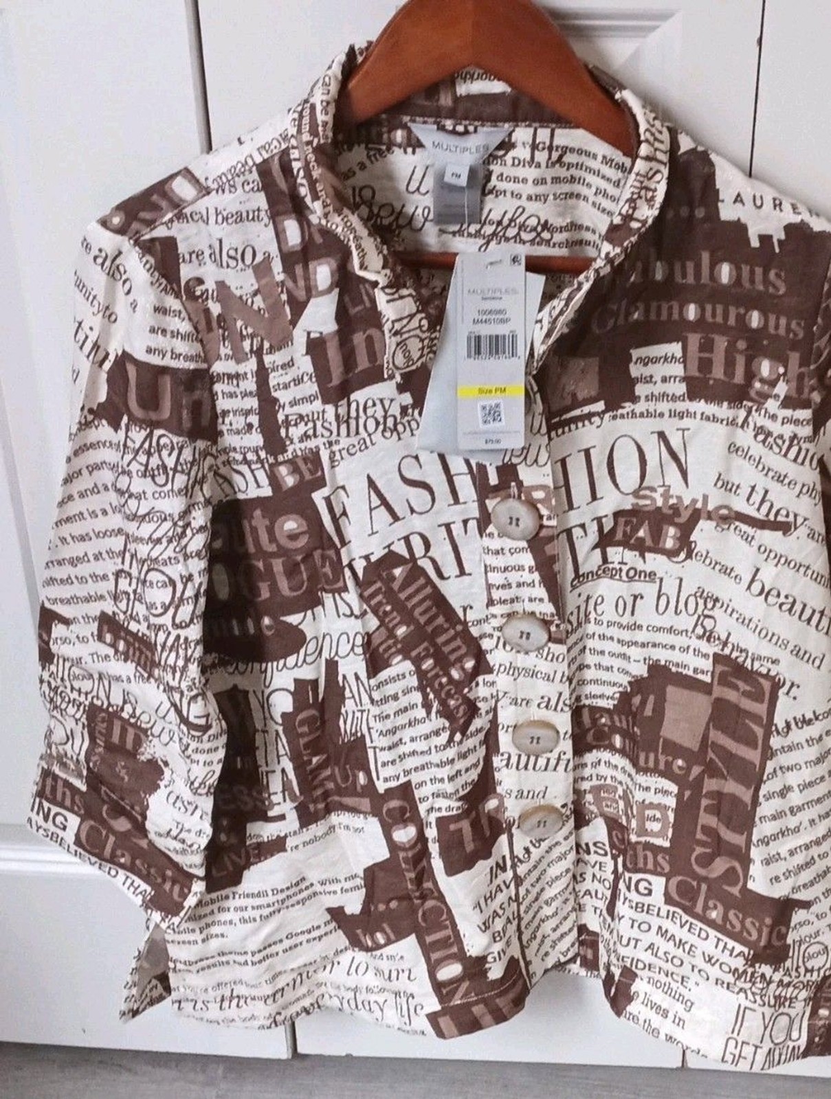 MULTIPLES Brown White Text Print Button-Up Top PM Petites 78 Rayon 22% Nylon
