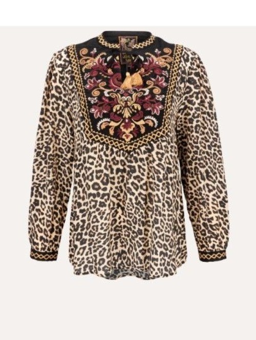Johnny Was Diedre Tassel Yoke Blouse Embroidered Leopard Print Size X-Large