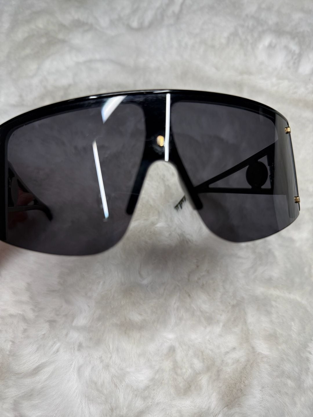 Oversized Shield Wrap Sunglasses with Medusa-Style Emblem Detail