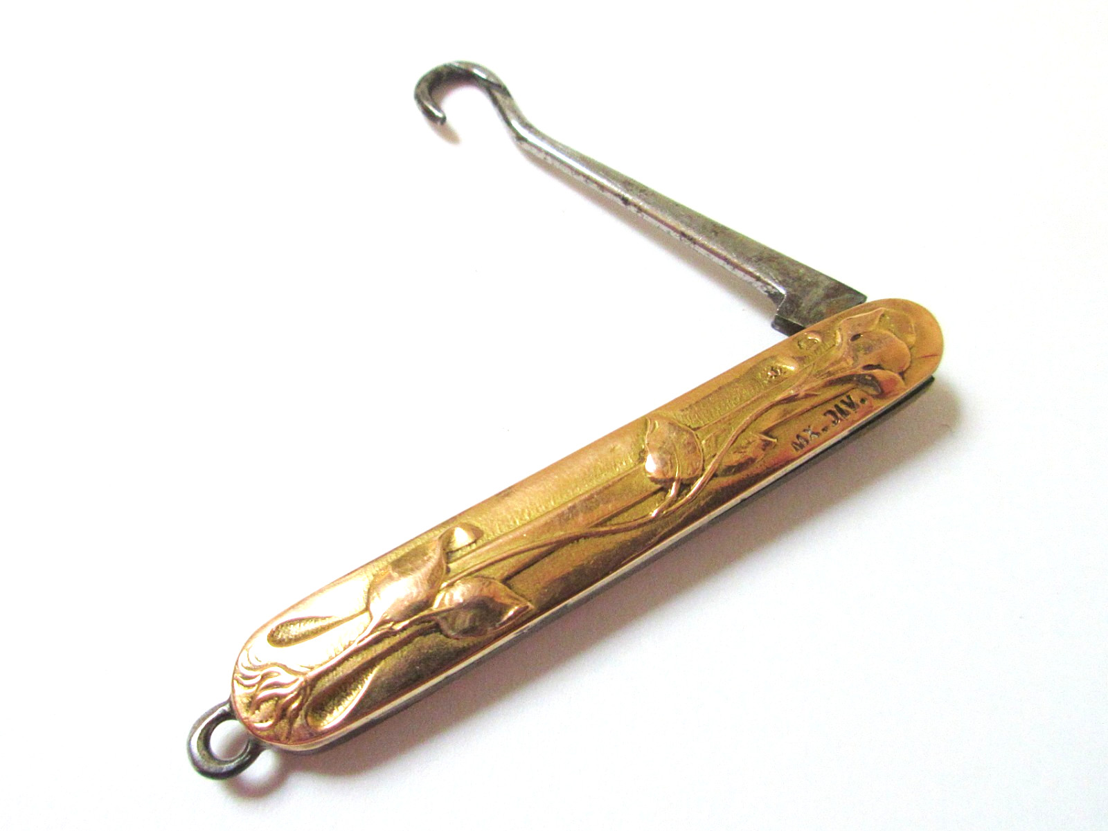 Antique Glove Button Hook 14k Art Nouveau Flowers