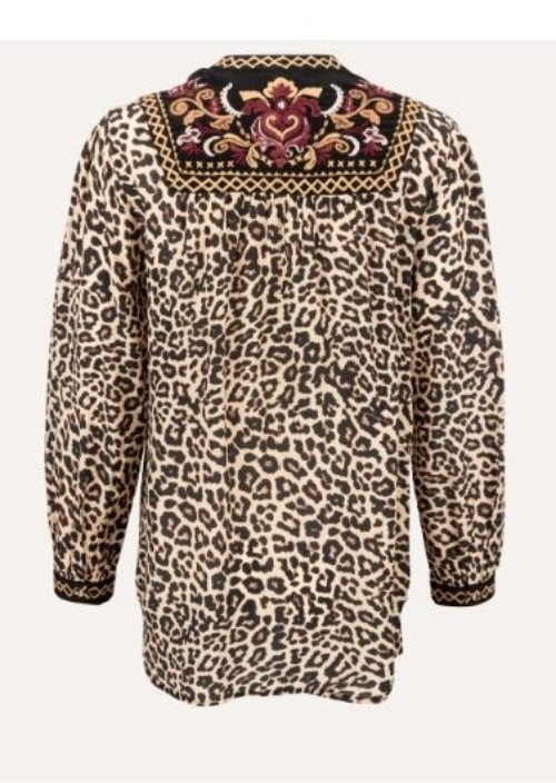 Johnny Was Diedre Tassel Yoke Blouse Embroidered Leopard Print Size X-Large