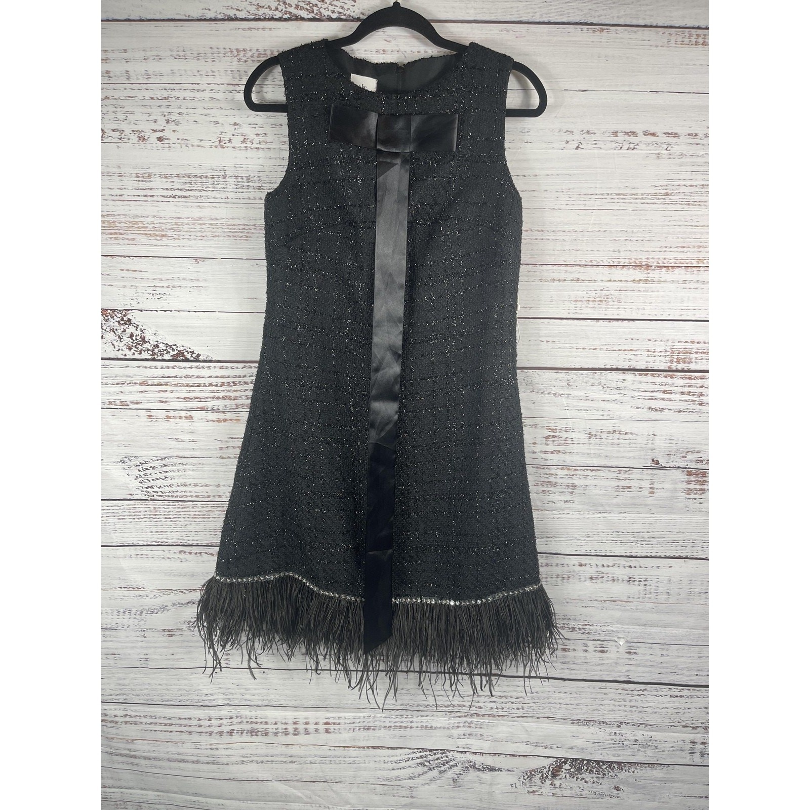 LanTing Bride Dress Women’s Small Black Sleeveless Tweed Feather Trim Bow Party