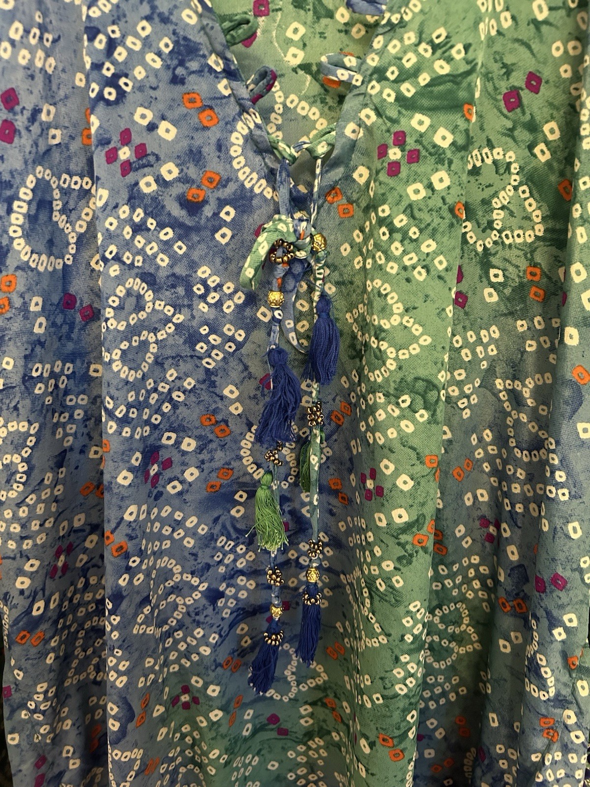 Swim Cover Up Blue And Green Printed With Tassels Pompom Design Size L