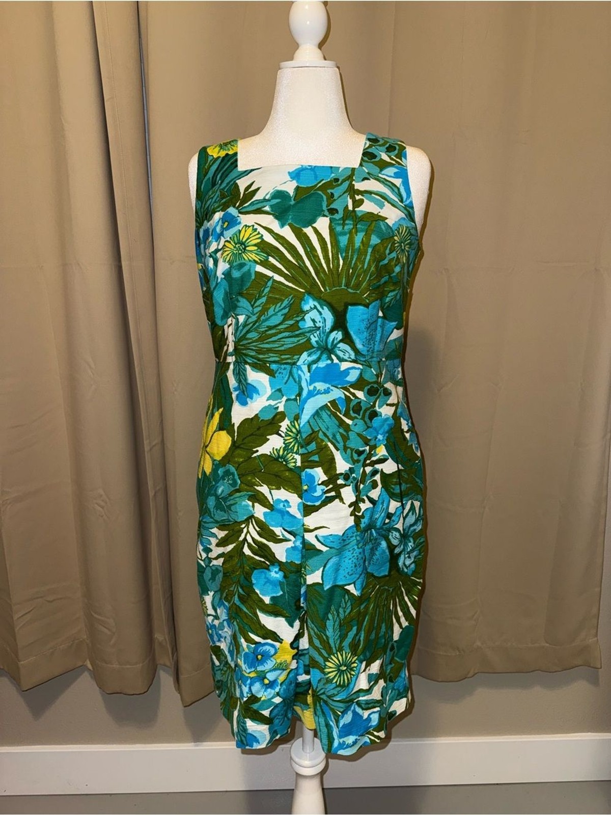Talbots Teal, Green and Blue Tropical Midi Sheath Dress
