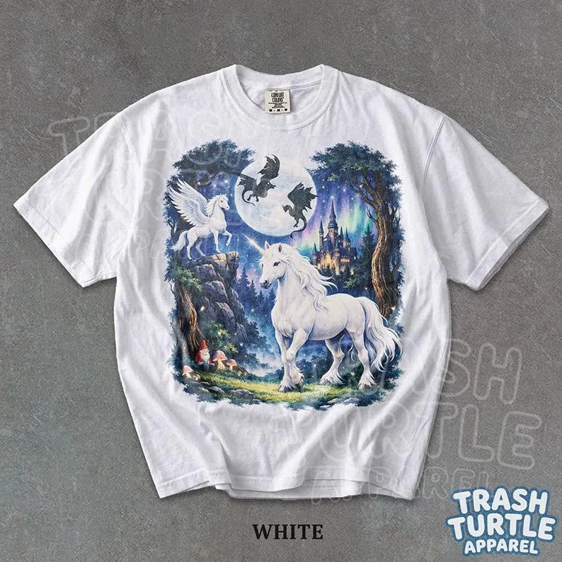 Fantasy Unicorn Shirt Winged Horse Dragon Castle TShirt