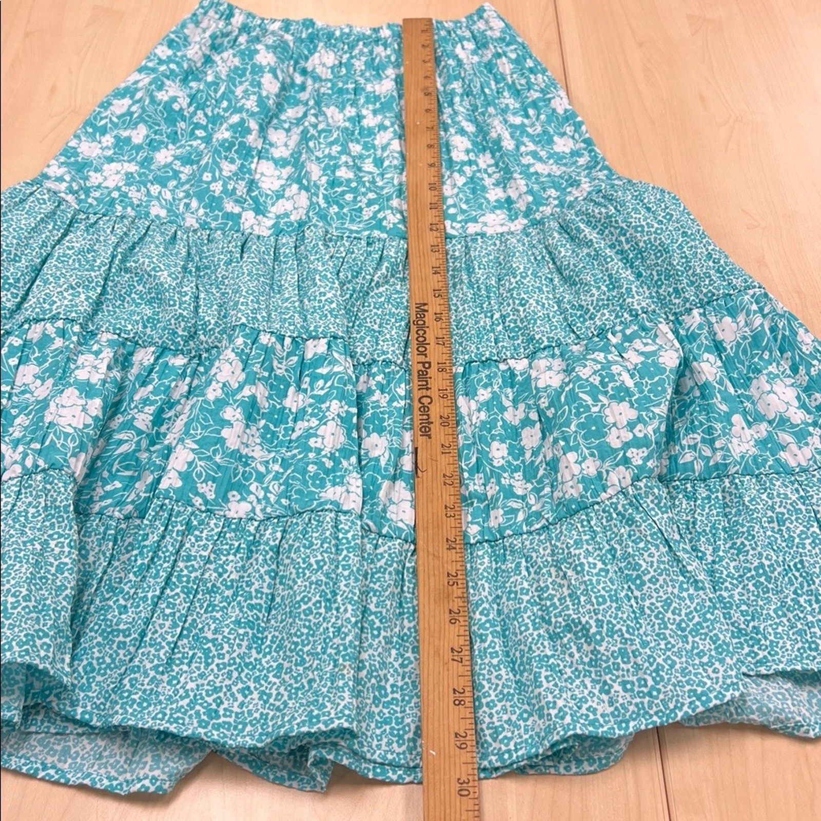 Susan Graver flare tiered patchwork floral midi skirt turquoise and white XXS