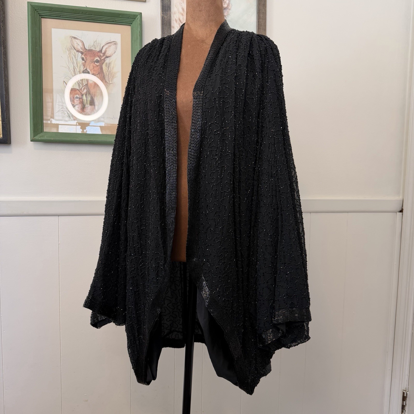 Vtg 60s 70s Silk Duster Opera Cape Beaded Kimono Whimsigoth Stevie Nicks Witchy
