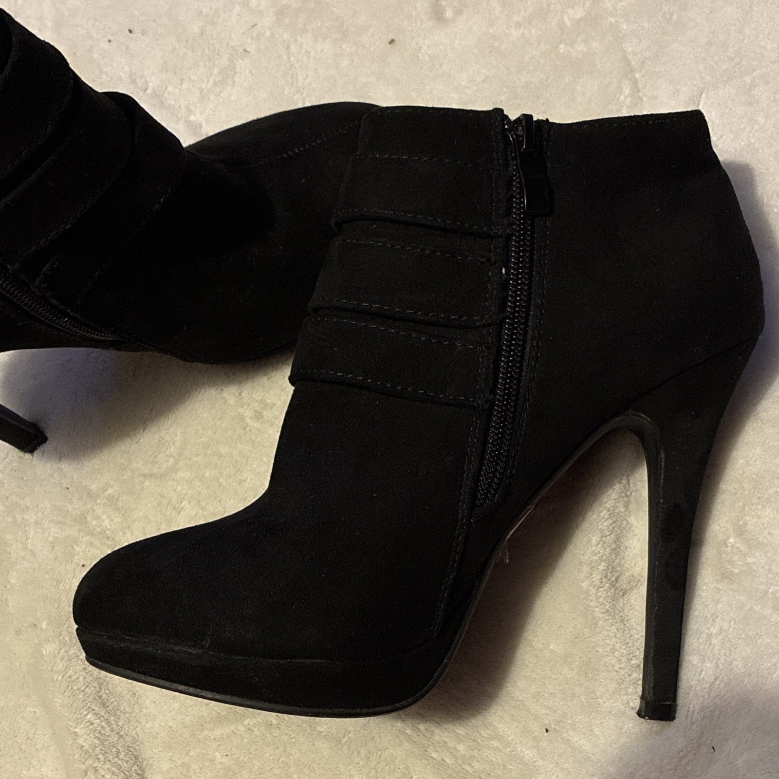 Forever Black Ankle Bootie Faux Suede Stiletto Almond Toe Side Zip Buckle