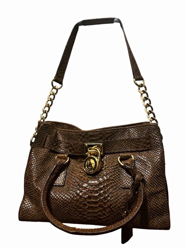 Michael Kors Brown Snake Print Satchel/Top Handle, Chain Strap, Lined Pockets