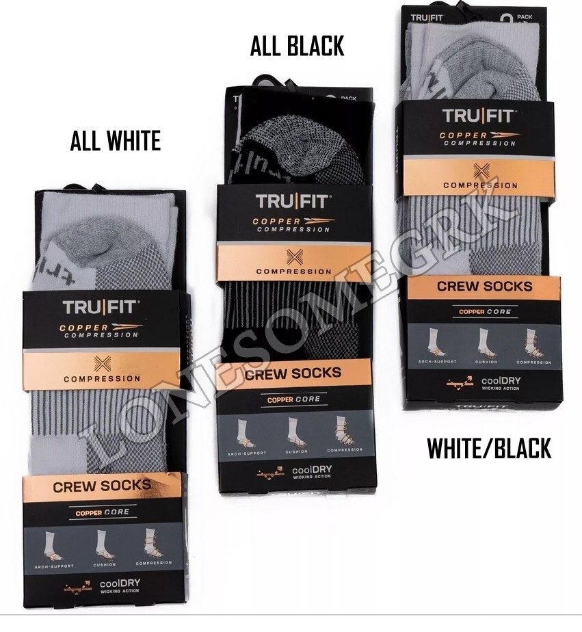 2 Pairs Mens TruFit Copper Fit Compression Arch Support Cushioned Crew Socks
