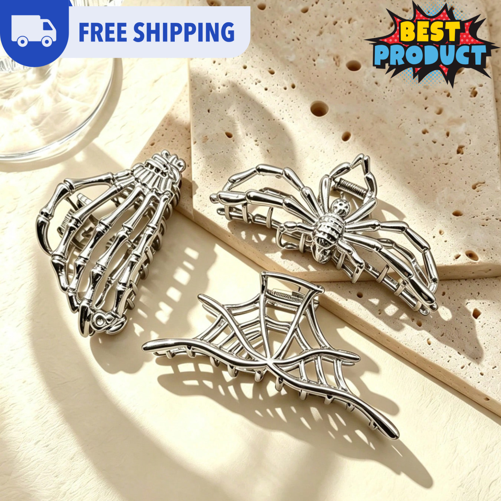 3pcs Metal Gothic Hair Clips Skeleton Hand Skull Spider Halloween Claw Clips US