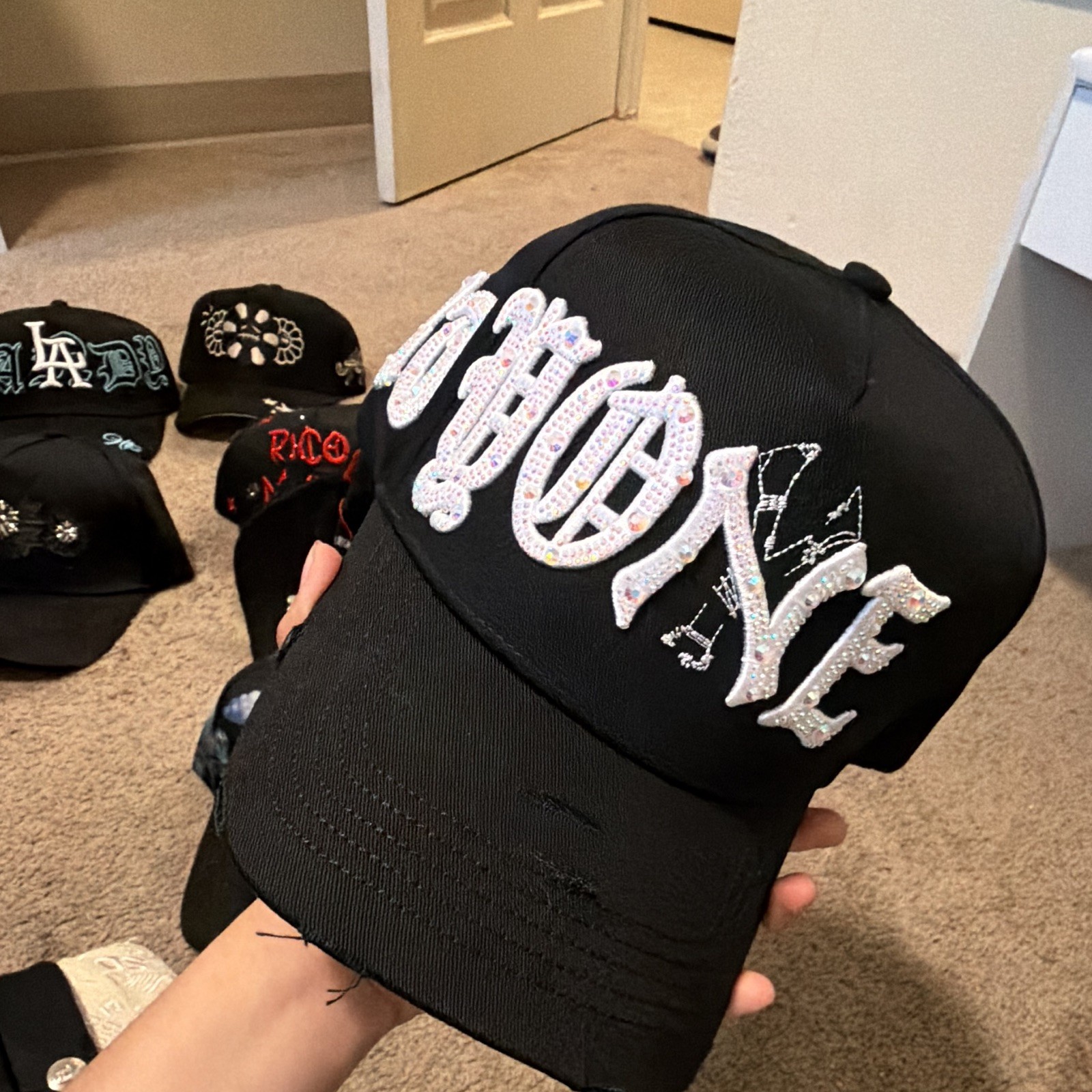 Black Rhinestone Logo Graphic Print Adjustable Baseball Cap Unisex One Size