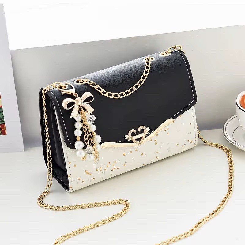 Women Black/White Rectangle Crossbody Bag Gold Chain Strap Pearl Accents