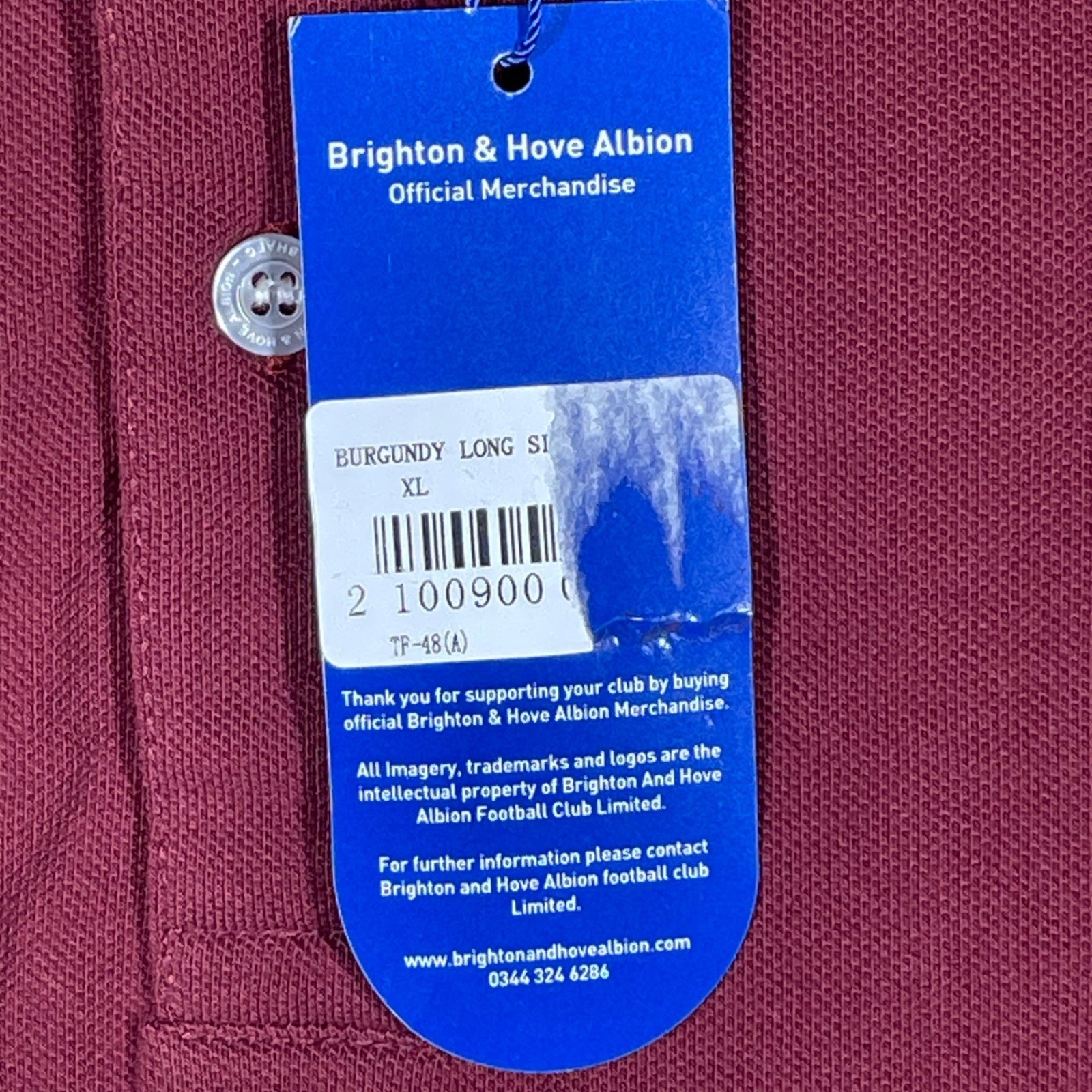 Brighton & Hove Albion Mens Long Sleeve Polo Shirt Burgundy XL NWT BHAFC