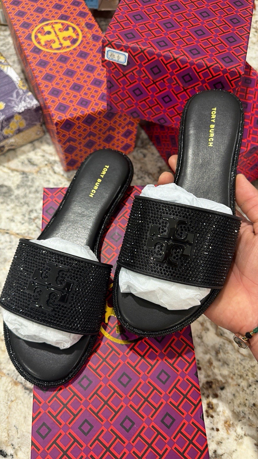 Tory Burch Black Women’s Leather Slide Sandals Logo Rhinestone Slip-On 7