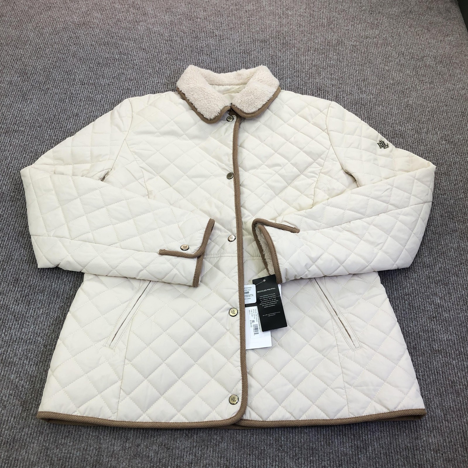 Lauren Ralph Lauren Quilted Coat Womens M White Faux Fur Collar Single Breasted