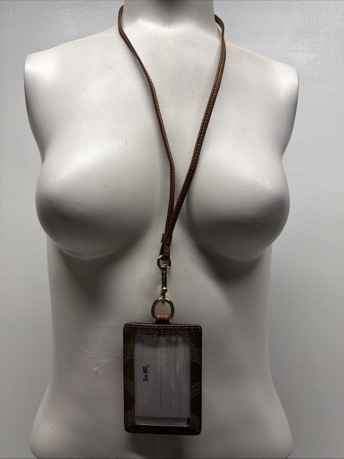 Coach ID Lanyard Card License Holder Signature Leather Jacquard Gold Tan Brown