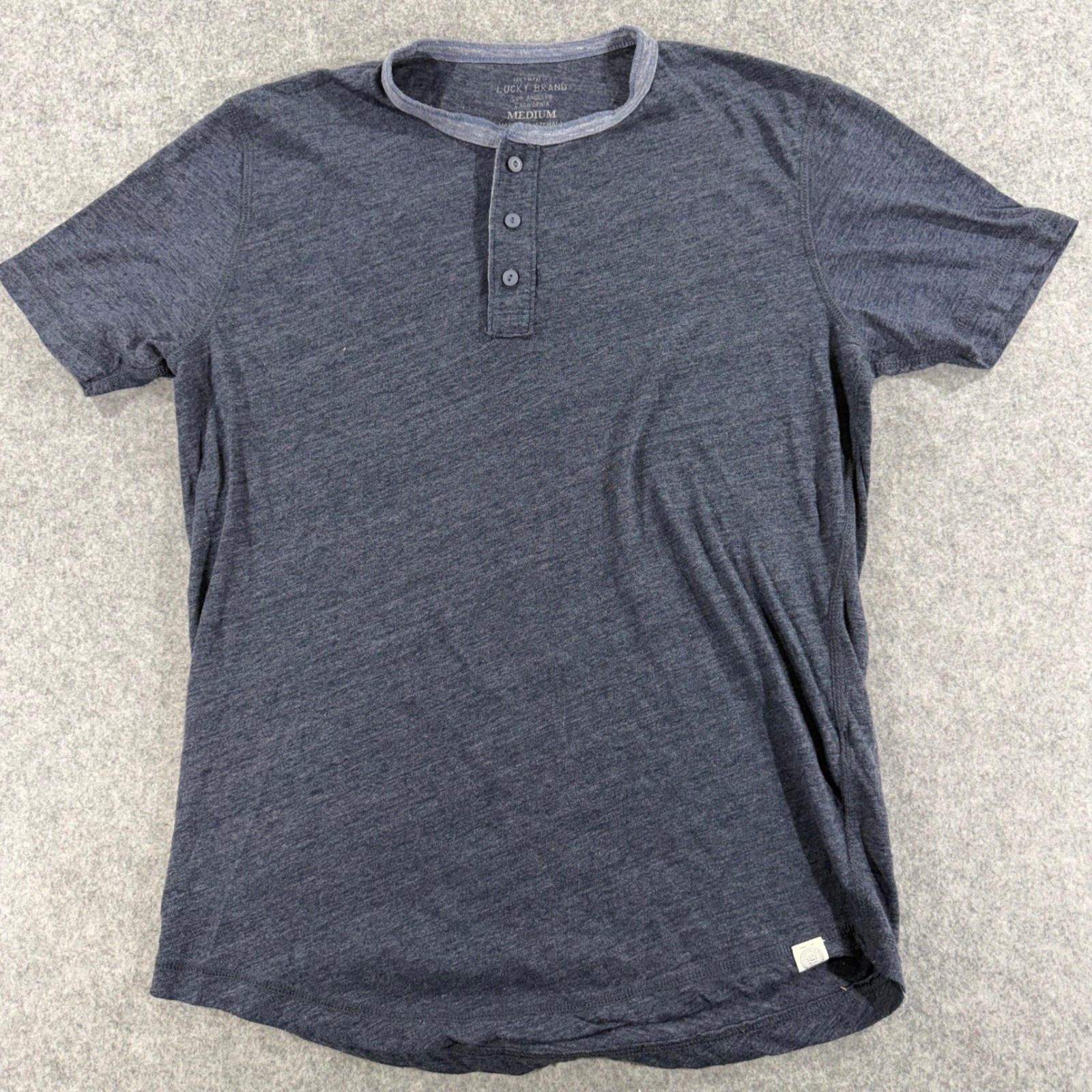 Lucky Brand Mens Navy Blue Heather Short Sleeve Henley Shirt Medium Slub Knit