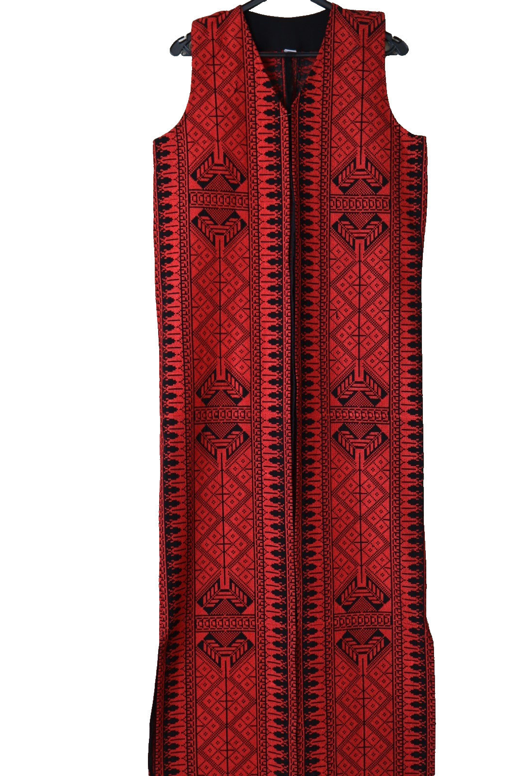 Traditional Red Tatreez Open Abaya Kimono -Embroidered Sleeveless Thobe Vest