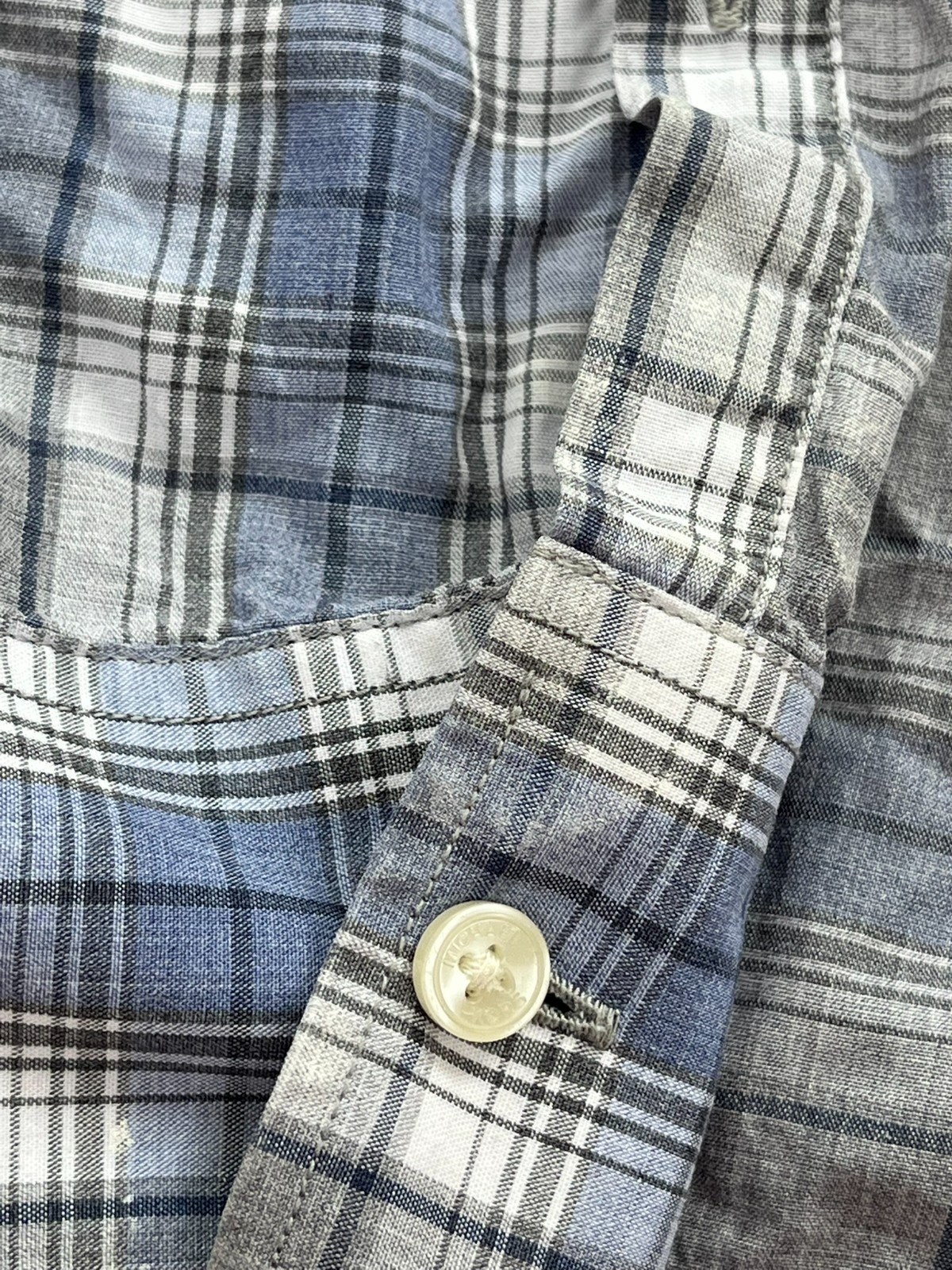 Michael Kors Men’s Blue Plaid Slim Fit Long Sleeved Button Up Shirt- Size M