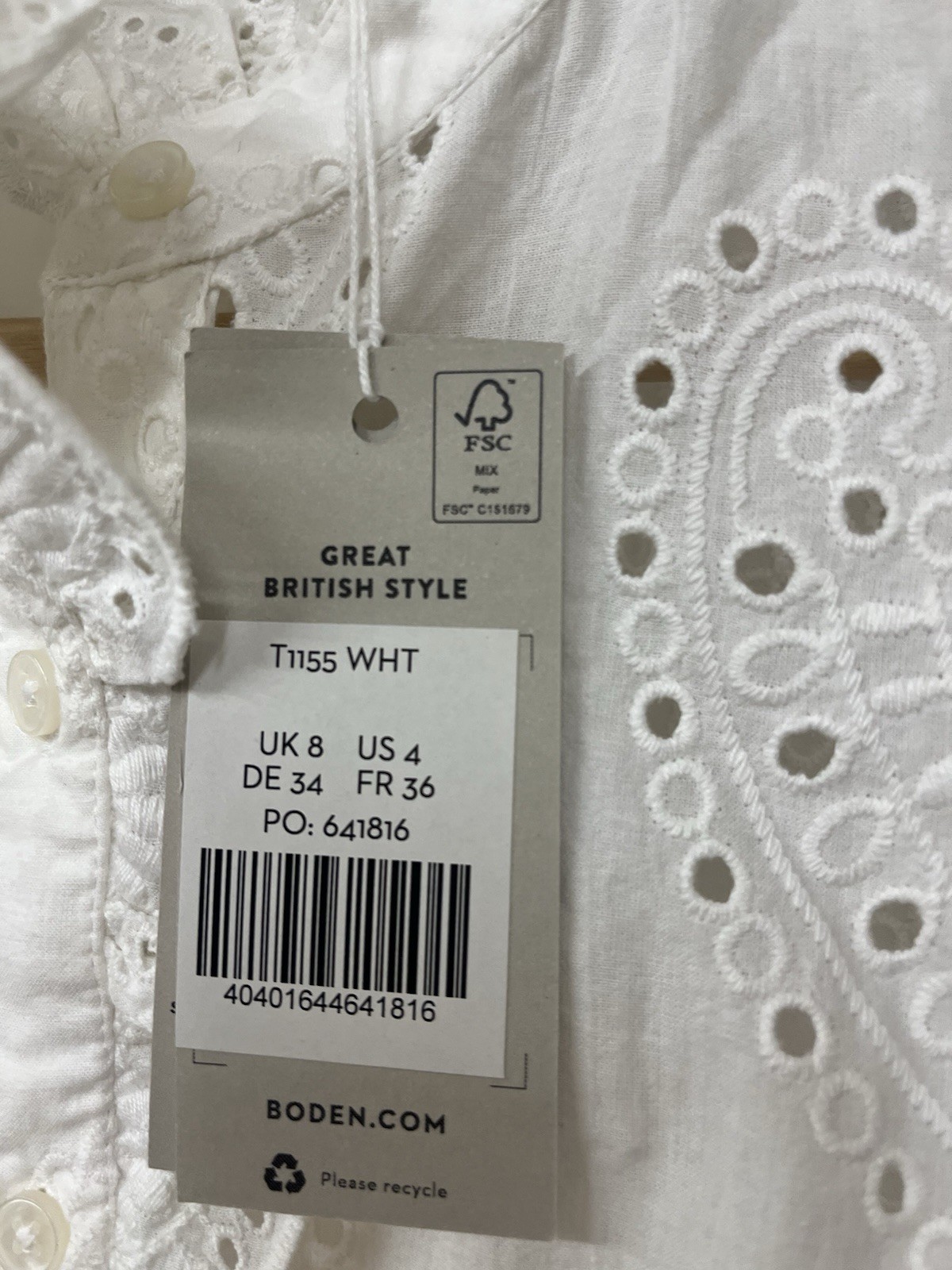 NWT Boden Alice White Cotton Eyelet Broderie Top US 4
